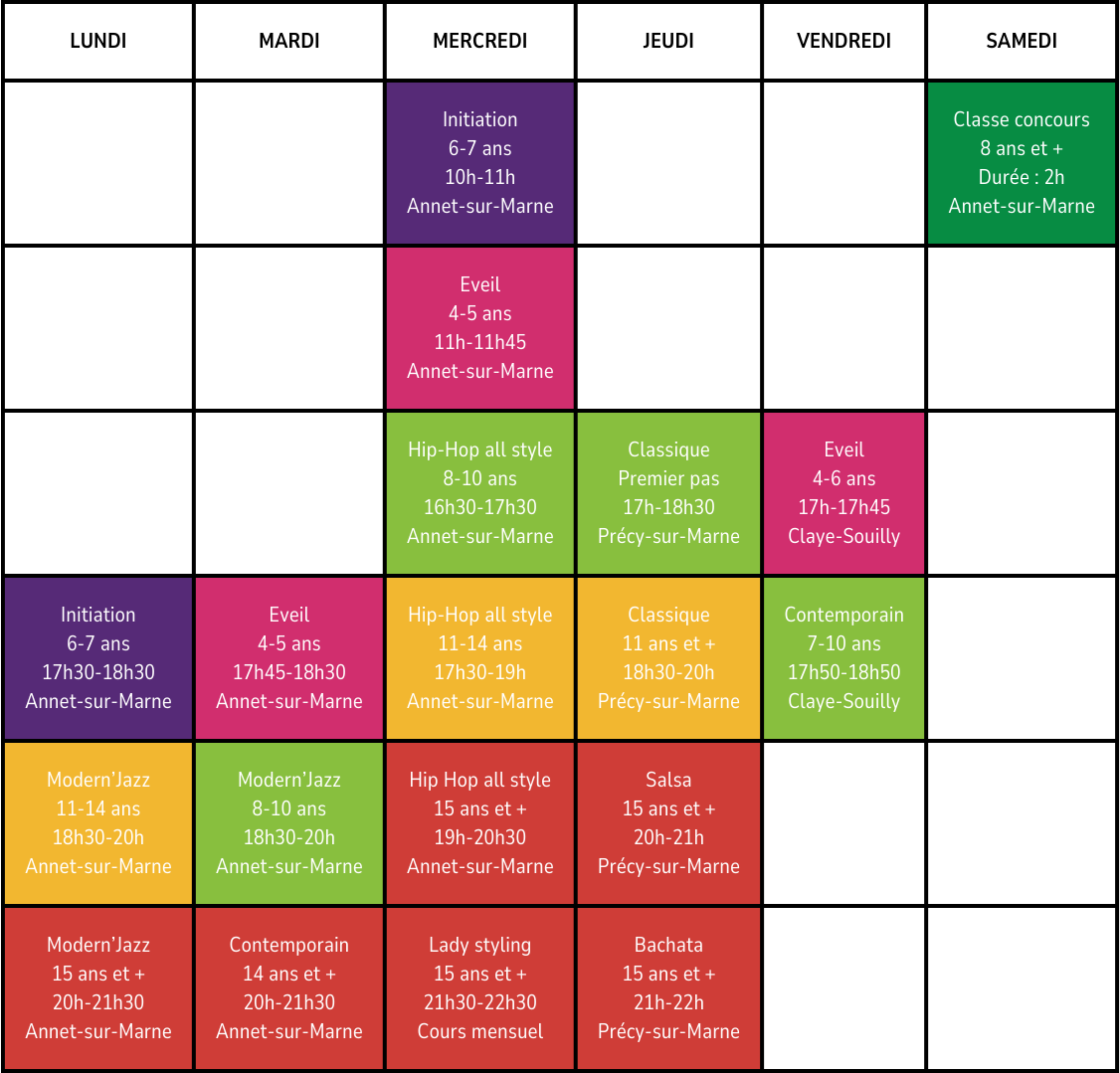 planning des cours