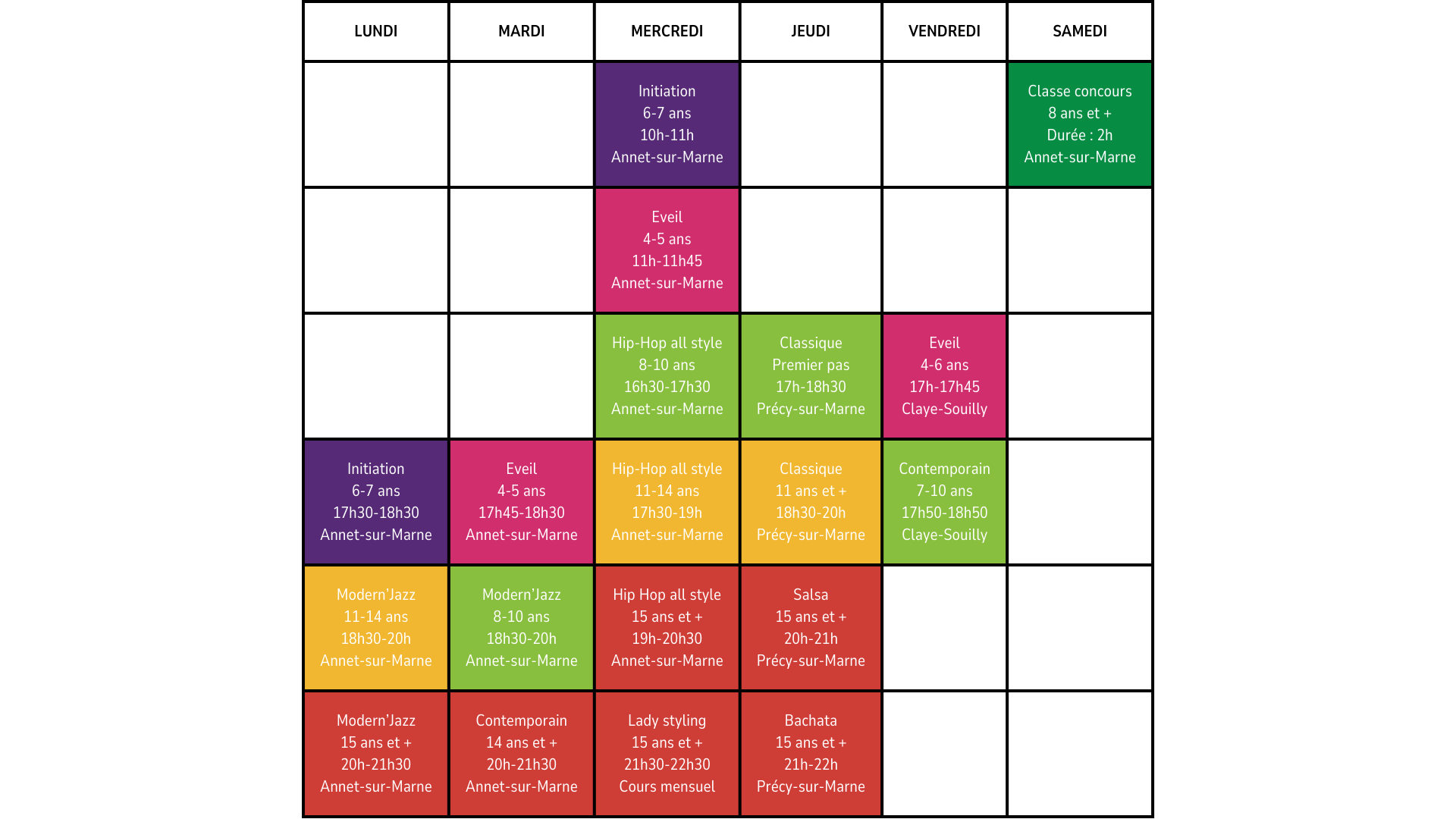 planning des cours